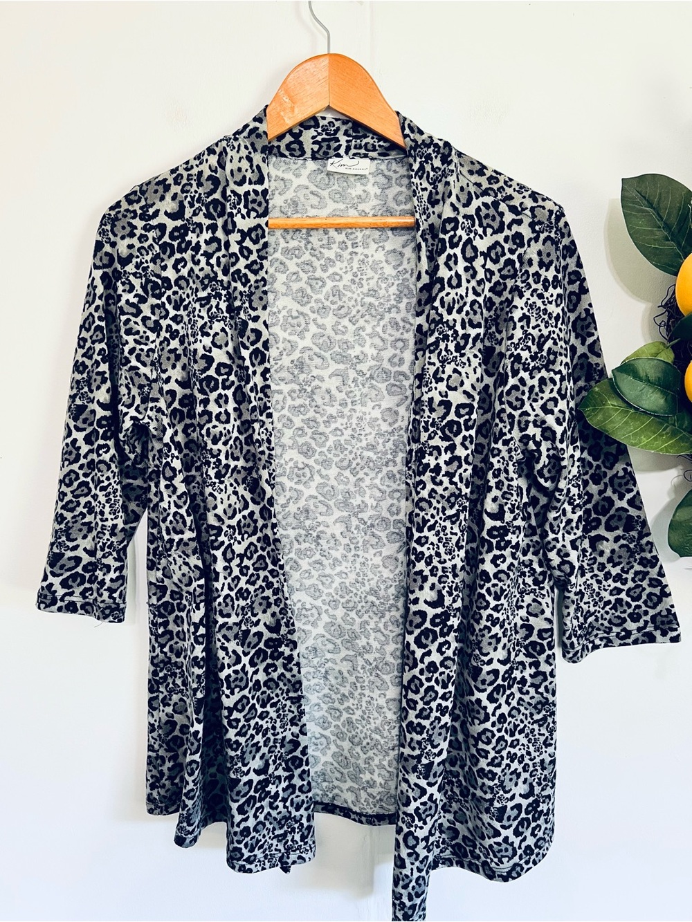 Kim Rogers Gray Leopard Open Knit Kimono Cardigan 3/4 Sleeves M